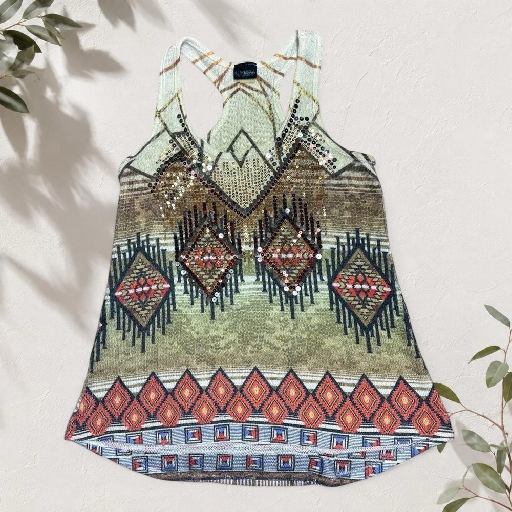 Daytrip Y2K Aztec Sequin Racerback Tank Top Red Beige Western Boho Small